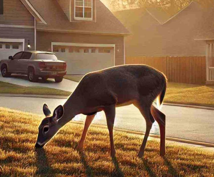 Deer roaming through a North Carolina neighborhood, blending into the urban surroundings.