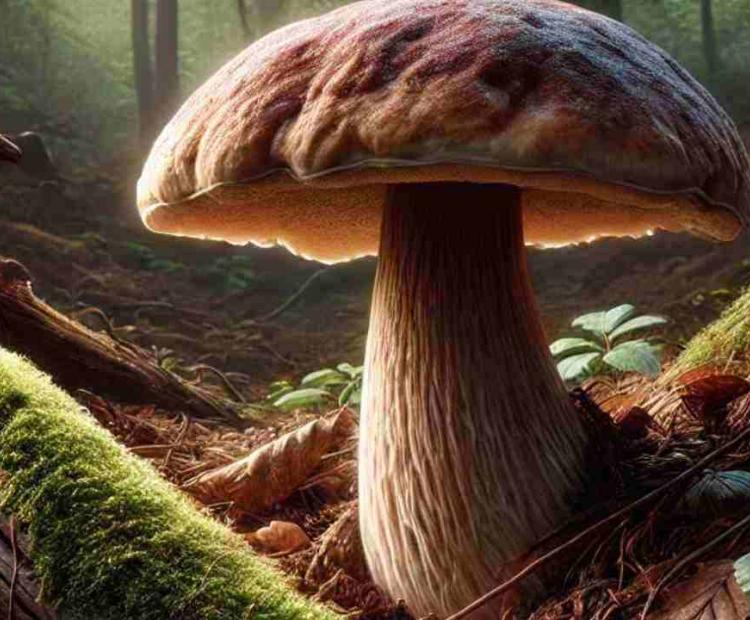 A stunning wild mushroom found in the forest, its beauty illuminated by the sunlight.