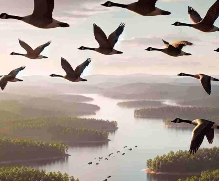 A flock of birds flying in formation against the setting sun, preparing for their migration.