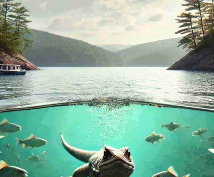 An underwater lizard swimming gracefully in a creek, showcasing its amazing aquatic skills.